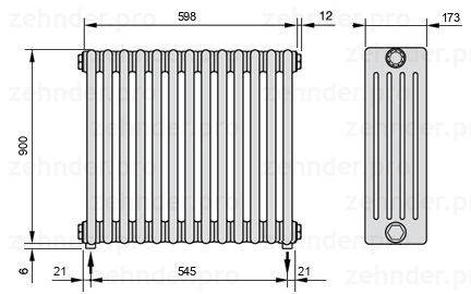 Схема (чертеж) Радиатор Zehnder Charleston 5090/13 №3570 Белый глянцевый RAL 9016